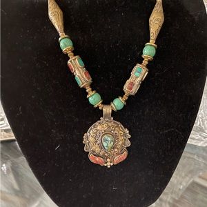 Extraordinary antique brass necklace with turquoise and coral